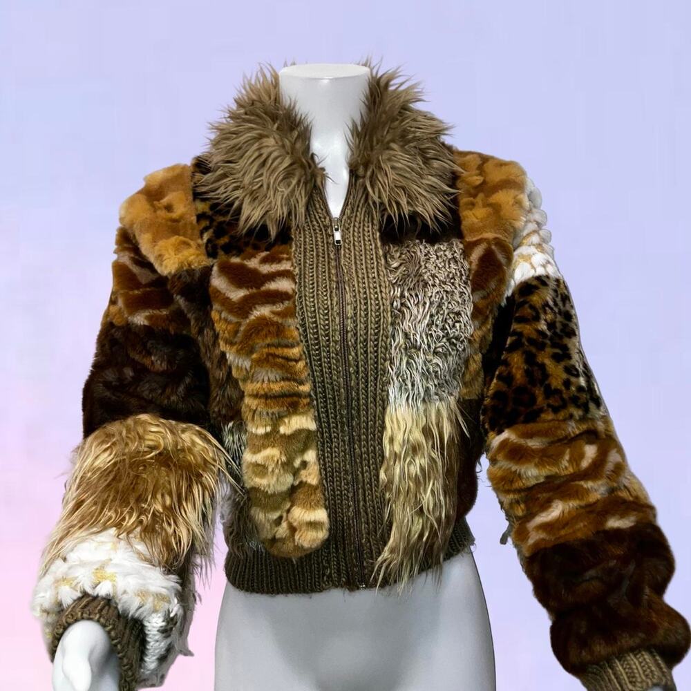 Vintage 90s y2k patchwork faux fur animal print jacket